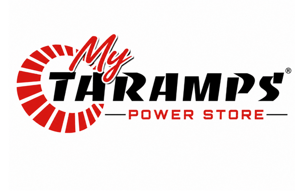 The logo for My Taramps Power Store, featuring a red segmented circular graphic on the left, with 'My' in red script and 'TARAMPS' in bold black letters, and 'POWER STORE' in red below, all on a white background.